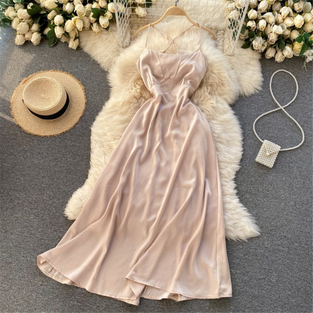 Women Sexy Satin Evening Dress Summer Off Shoulder High Waist Party Long Dresses Female Elegant Beach Robe Vestidos - Deanwangkt