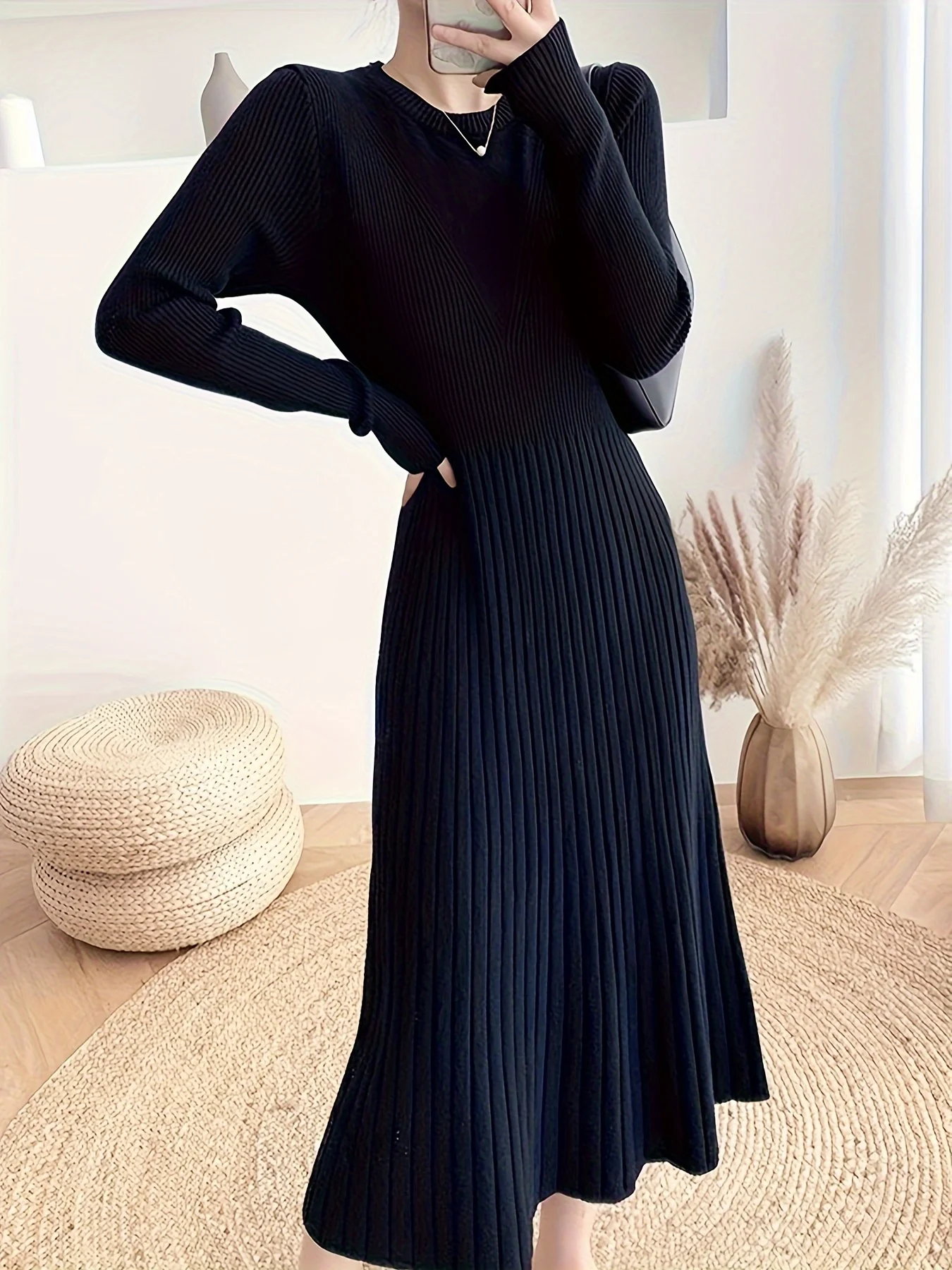 Ribbed Solid Midi Dress, Elegant Crew Neck Long Sleeve Dress, Women's Clothing - Deanwangkt