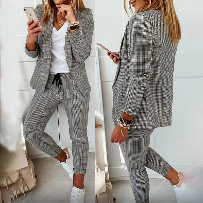 deanwangkt Autumn Women Casual Two Piece Work Wear Fashion Suit Sets Long Sleeve Plaid Print Blazer Coat & Drawstring Pants Set - Deanwangkt