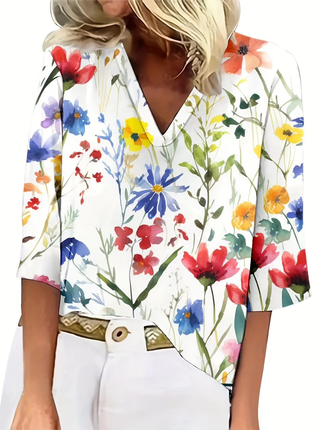Plant Print Blouse, Casual V Neck Summer 3/4 Sleeve Blouse, Women's Clothing - Deanwangkt