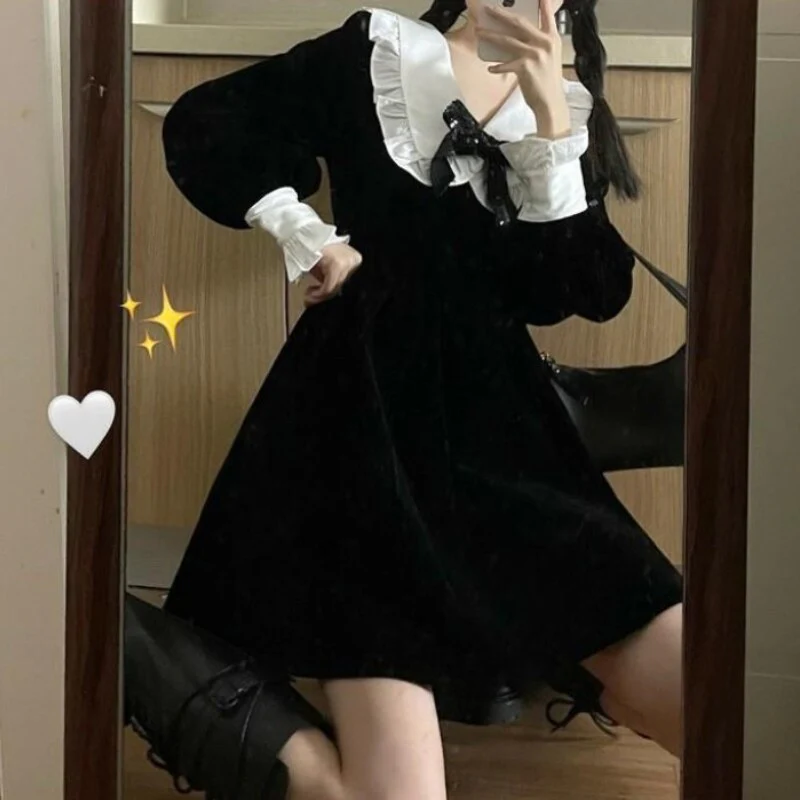 deanwangkt Kawaii Bow Dress Women Japanese Preppy Style Long Sleeve Mini Dresses Black Goth Vintage Lolita Outfits Sweet Streetwear - Deanwangkt