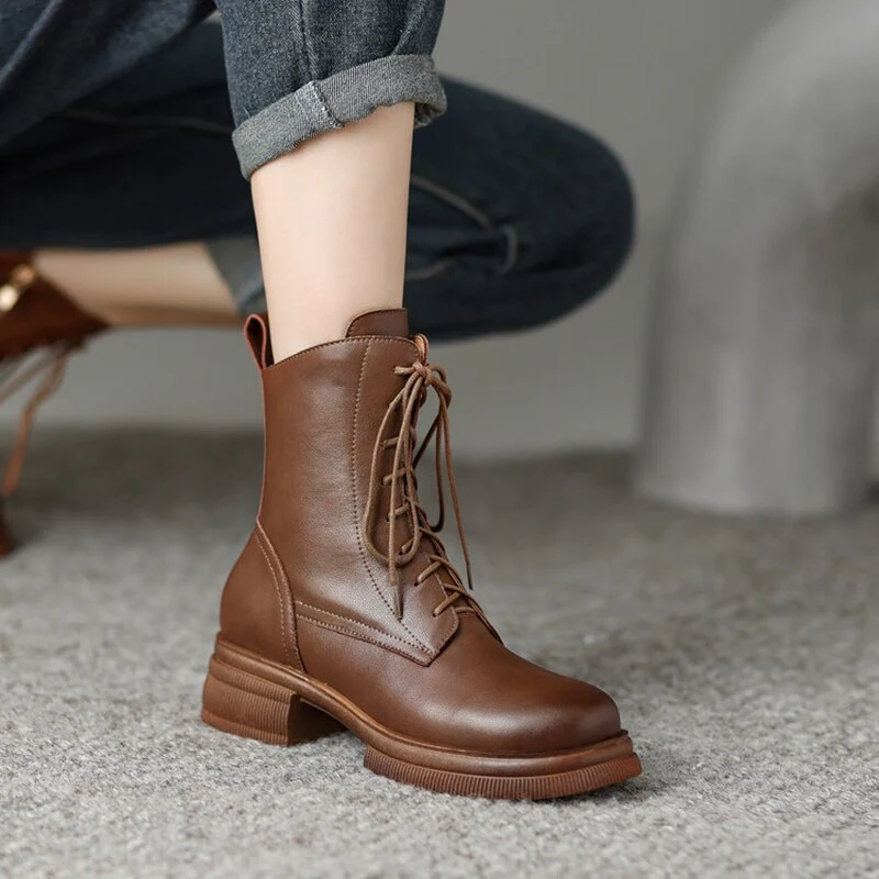 deanwangkt  fashion inspo    Fall/Winter Shoes Women Split Leather Ankle Boots Women Round Toe Chunky Boots for Women Casual Zipper Black Women Boots - Deanwangkt