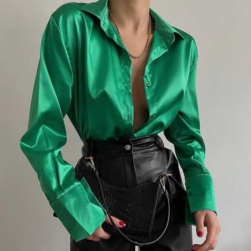 deanwangkt Long Sleeve Blouses Women Tops  Vintage Blue Green Silk Shirt Casual Loose Button Up Female Shirts Fashion Tops 18913 - Deanwangkt