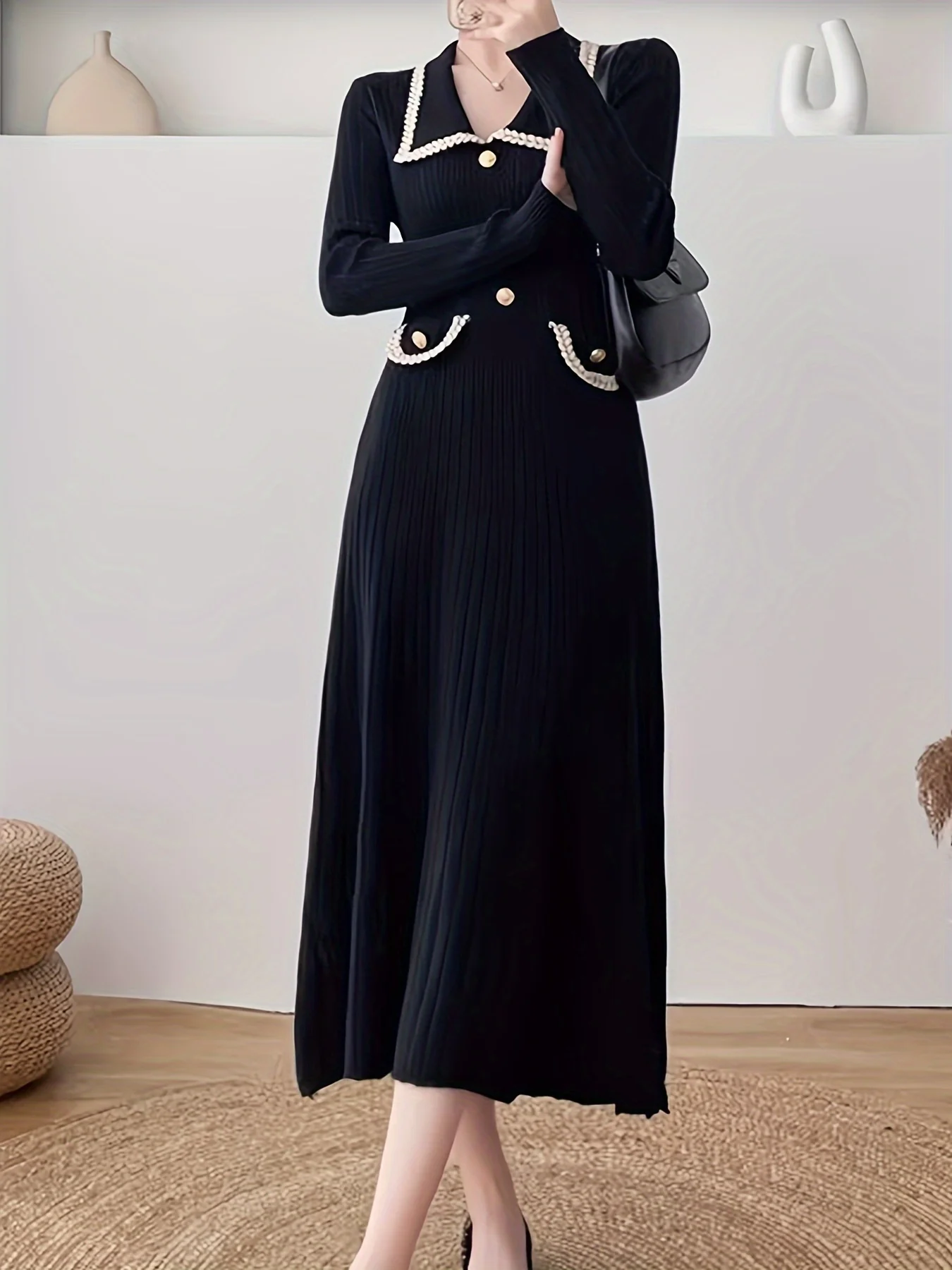 Button Front High Waist Dress, Elegant Long Sleeve Midi Dress, Women's Clothing - Deanwangkt