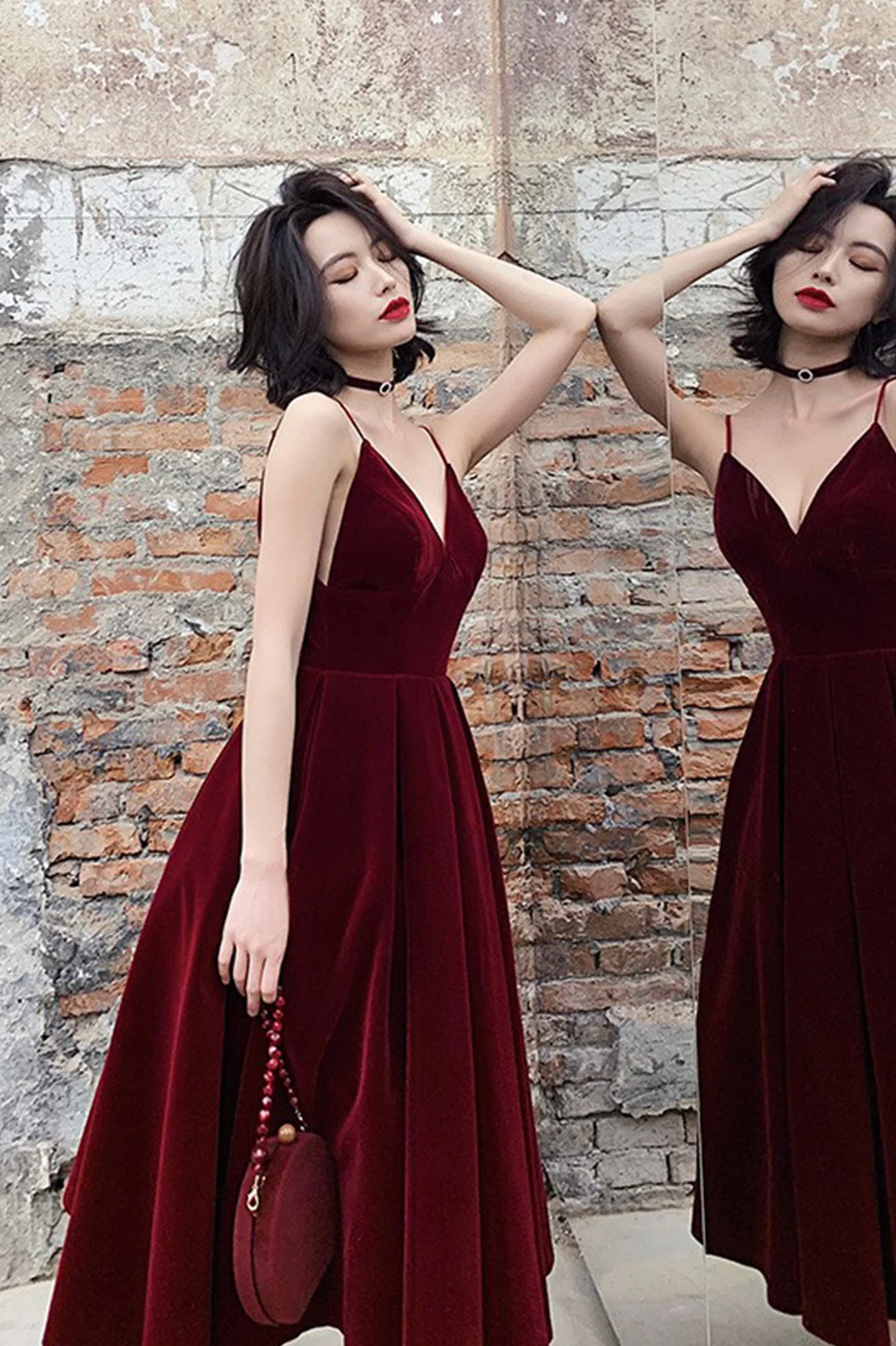 solvbao Burgundy Velvet Short Prom Dresses, A-Line Evening Dresses - Deanwangkt