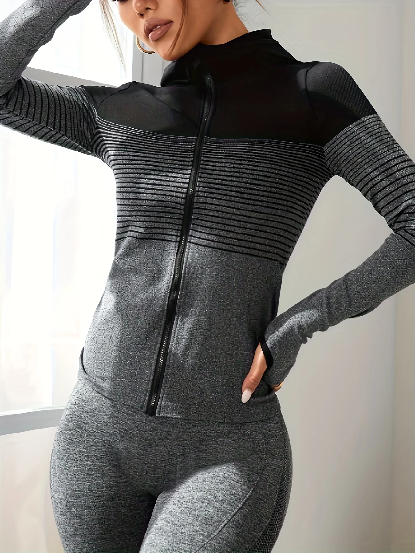 deanwangkt-1 Fashion Striped Pattern Causal Sports Jacket, Long Sleeve Sweatshirts Coat, Women's Sporty Sweatshirts - Deanwangkt