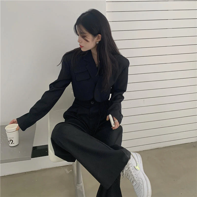 Korean summer Two Piece Set Women Crop Top Sexy Lace-up Blazer Coat + High Waist Pants Suit Sets Streetwear 2 Piece Sets Women - Deanwangkt