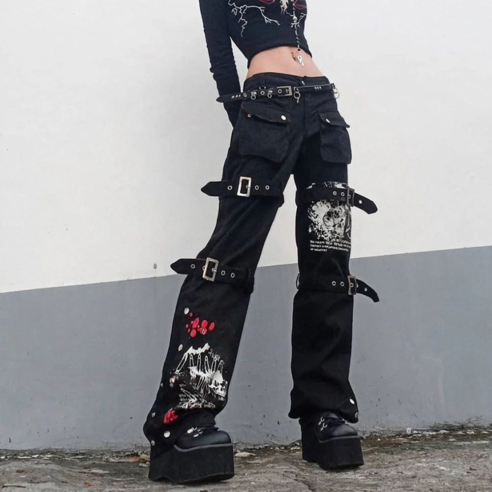 deanwangkt Gothic Emo Alt Cargo Pants Techwear Hip Hop Jeans Lazy Goth Punk Black Denim Trousers Streetwear Academic Low Waist Joggers Y2k - Deanwangkt