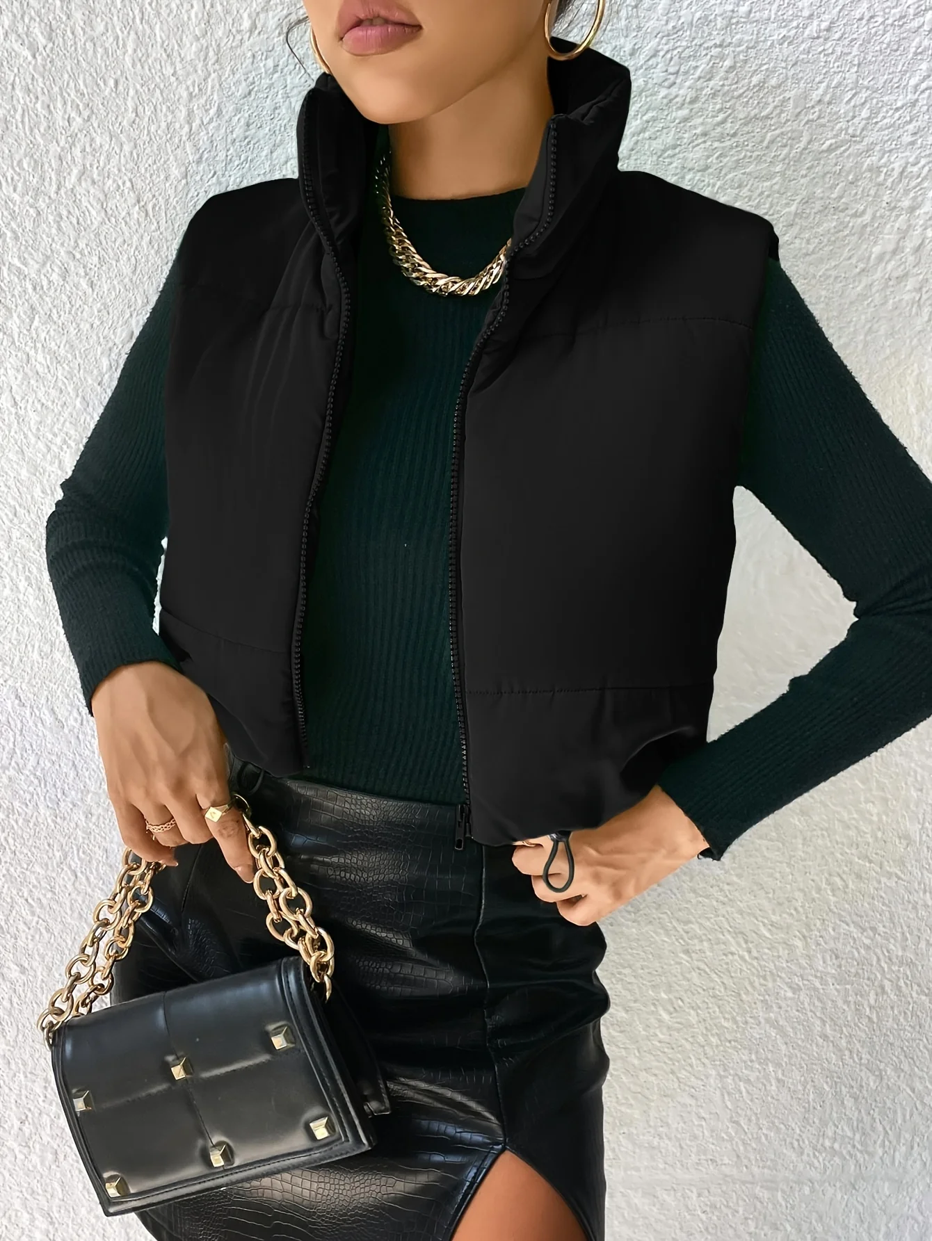 Solid Stand Collar Zipper Vest, Versatile Sleeveless Drawstring Warm Outwear For Fall & Winter, Women's Clothing - Deanwangkt