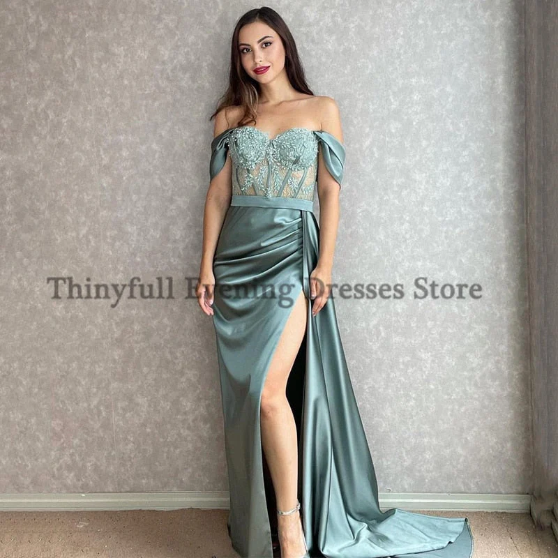 Graduation dress Sexy Prom Evening Dresses Off Shoulder Appliques Party Dress High Split Floor Length Cocktail Gowns Saudi Arabia Dubai - Deanwangkt