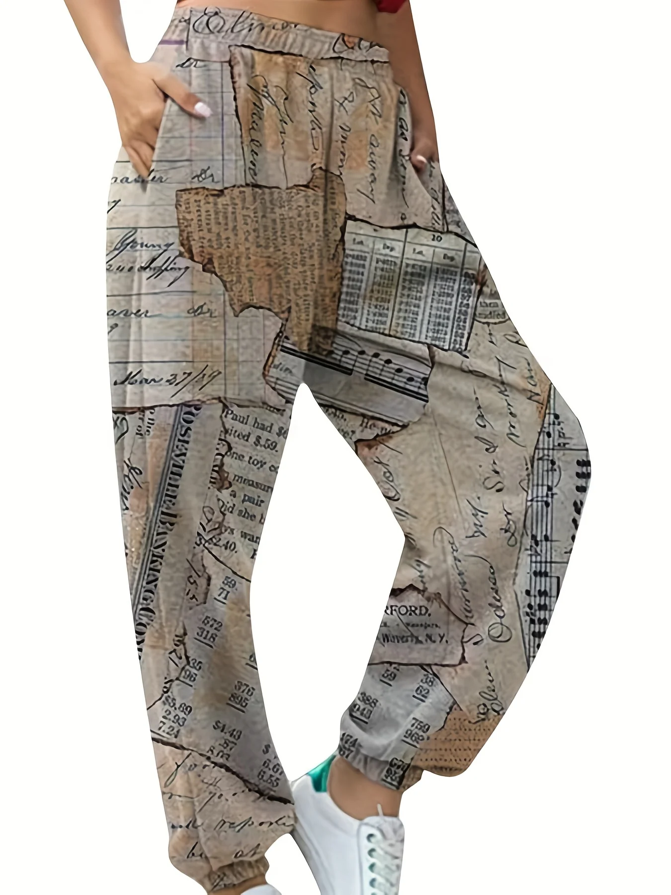 deanwangkt-1  Newspaper Print Sweatpants, Casual Everyday Versatile Jogger Pants Trousers, Women's Clothing - Deanwangkt