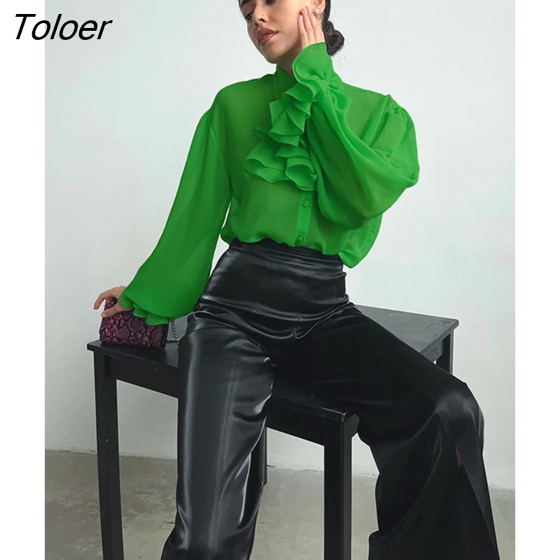 deanwangkt Green Chiffon Shirt Blouse Elegant Ruffle Lapel Lantern Sleeve Spring Women'S Blouse Casual Fashion Buttons Down Tops Lady - Deanwangkt