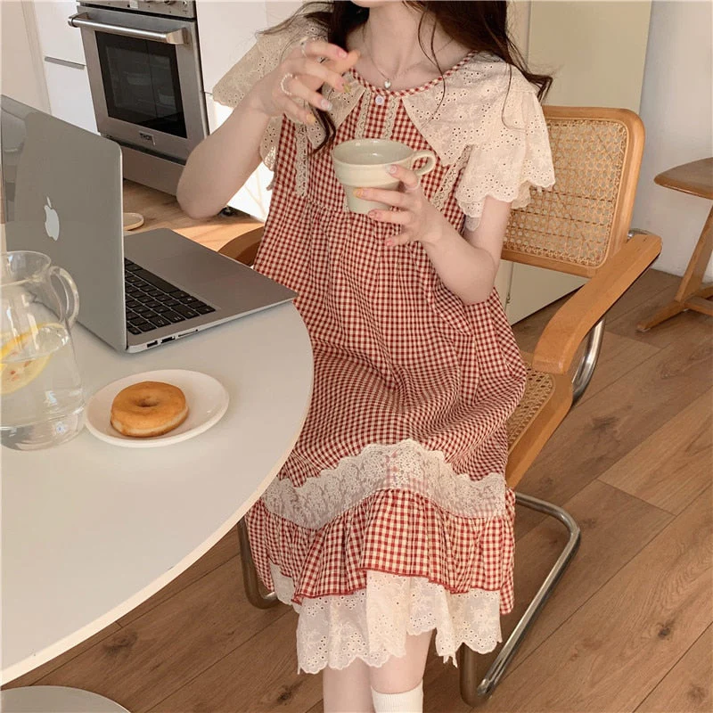 deanwangkt Plaid Retro Elegant Casual NightDress Soft Ruffles Sweet Simple Summer O-Neck Princess Long Sleepwear Cotton Lace Short sleeve - Deanwangkt