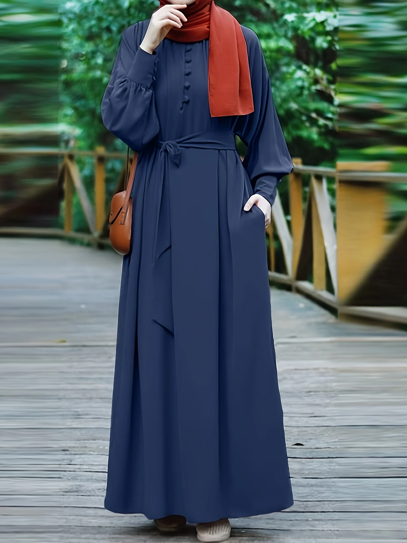 Solid Crew Neck Burqas, Elegant Long Sleeve Maxi Dress, Women's Clothing - Deanwangkt