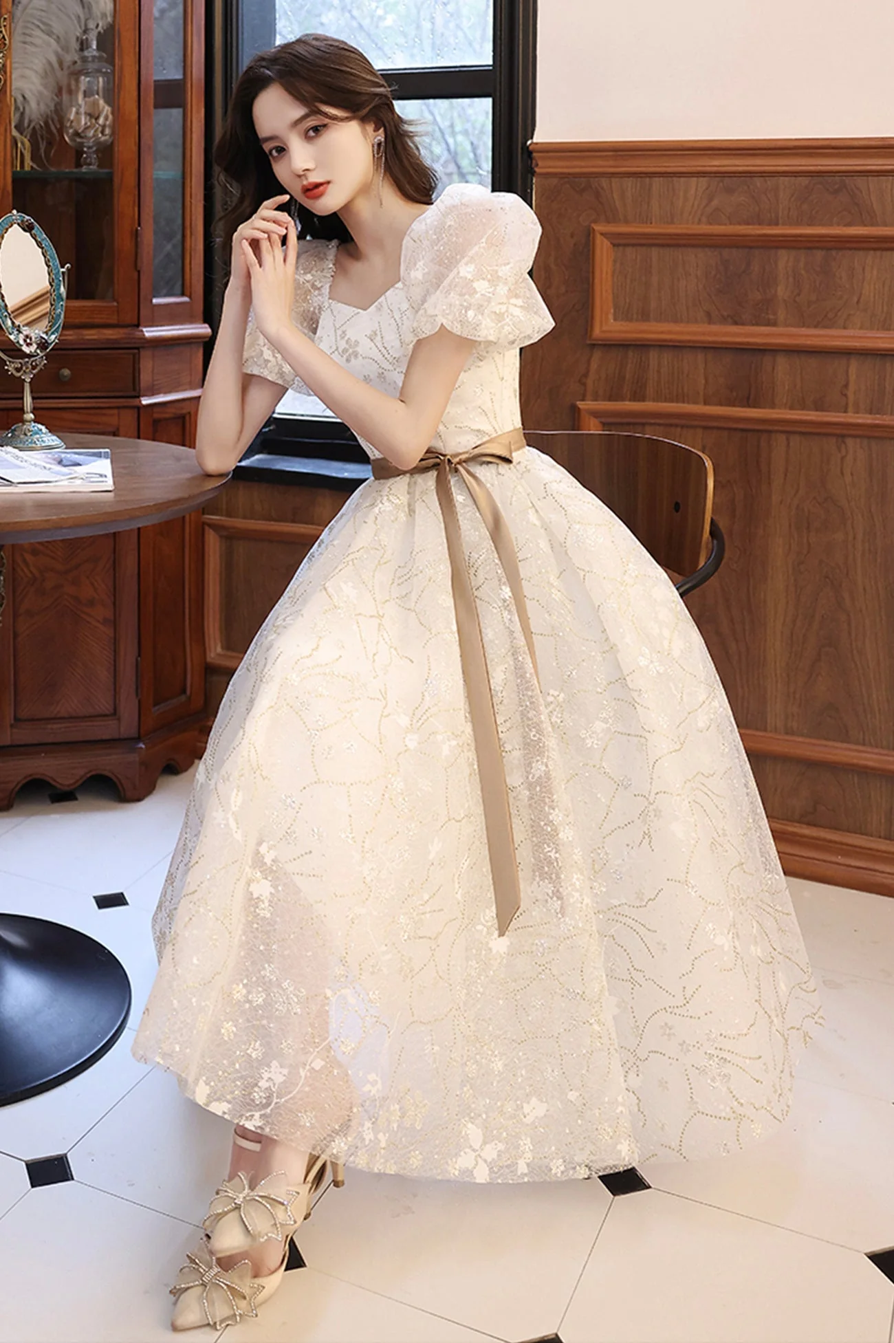 solvbao White Tulle Short Sleeve Prom Dress, Cute A-Line Party Homecoming Dress - Deanwangkt