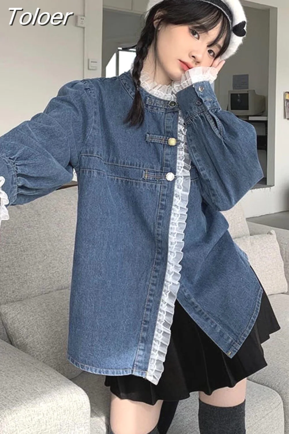 deanwangkt Denim Shirt Coat Women Sweet Lace Ruffles Loose Casual Blouses  Ropa Mujer Fashion Korean Blouses Tops Y2k Clothes - Deanwangkt
