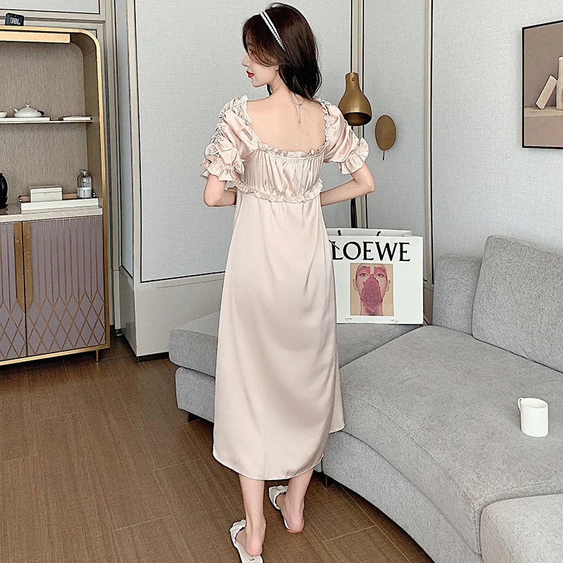 Female Nightgown Elegant Palace Style Princess Long Nightgown Sleepwear Summer Short Sleeve Sleepshirt Satin Silk Home Dress - Deanwangkt