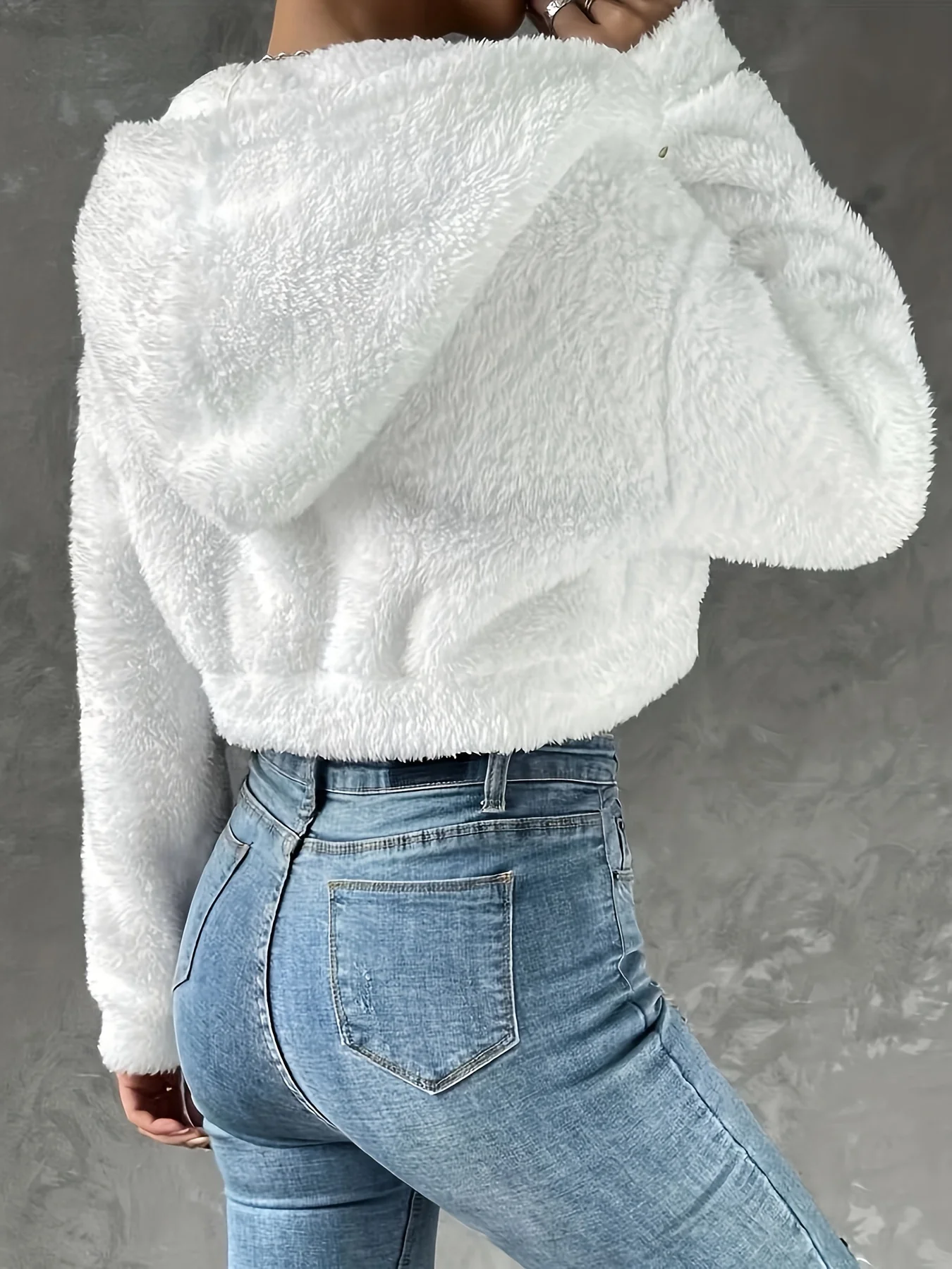 deanwangkt-1 Solid Zipper Hooded Crop Coat, Casual Faux Fur Thermal Coat, Women's Clothing - Deanwangkt