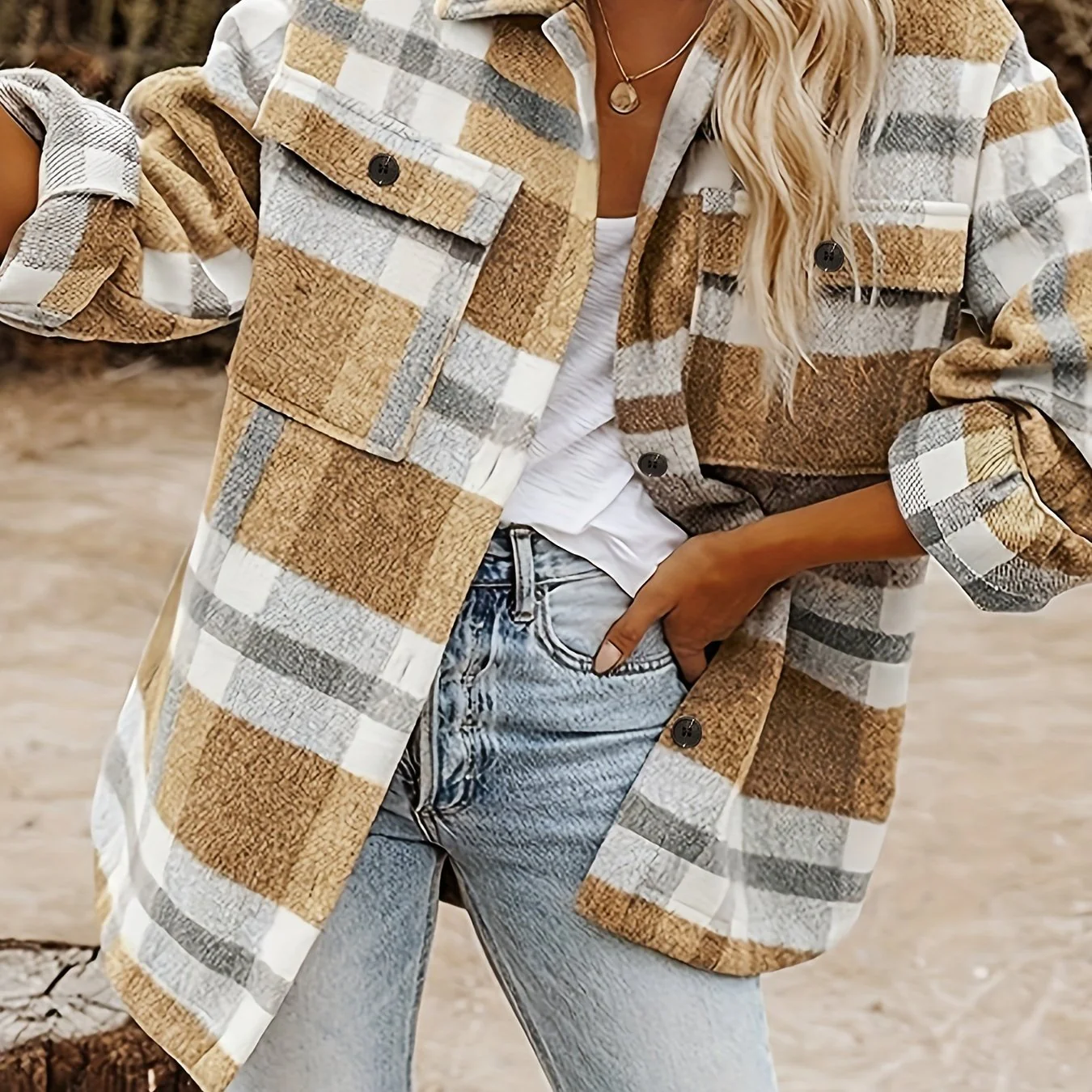 Stylish Plaid Button Down Long Sleeve Jacket, Loose Lapel Plaid Jacket, Women's Clothing - Deanwangkt