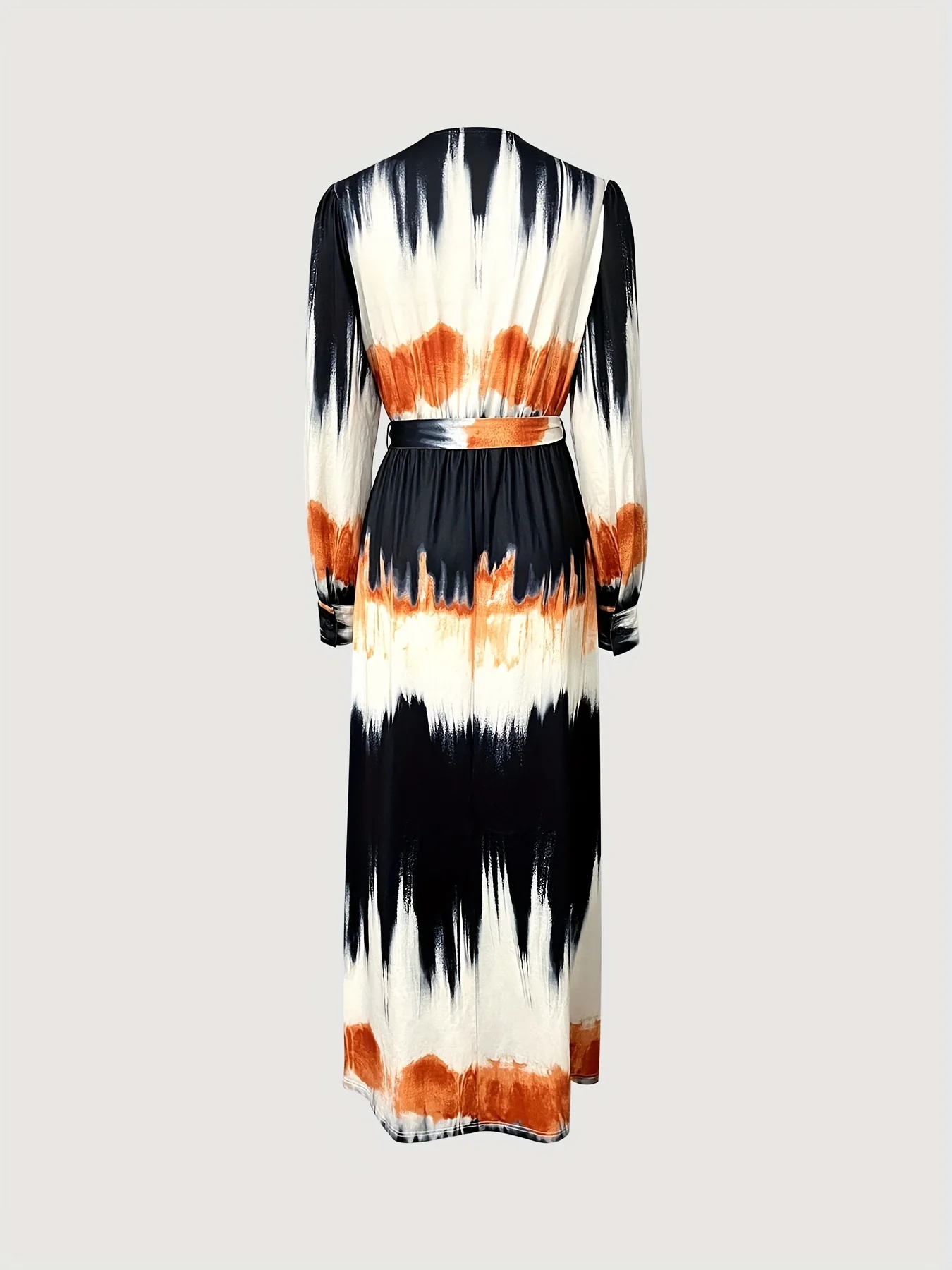 Gradient Print Cuff Sleeve Dress, Casual V Neck Tie-waist Dress For Spring & Fall, Women's Clothing - Deanwangkt