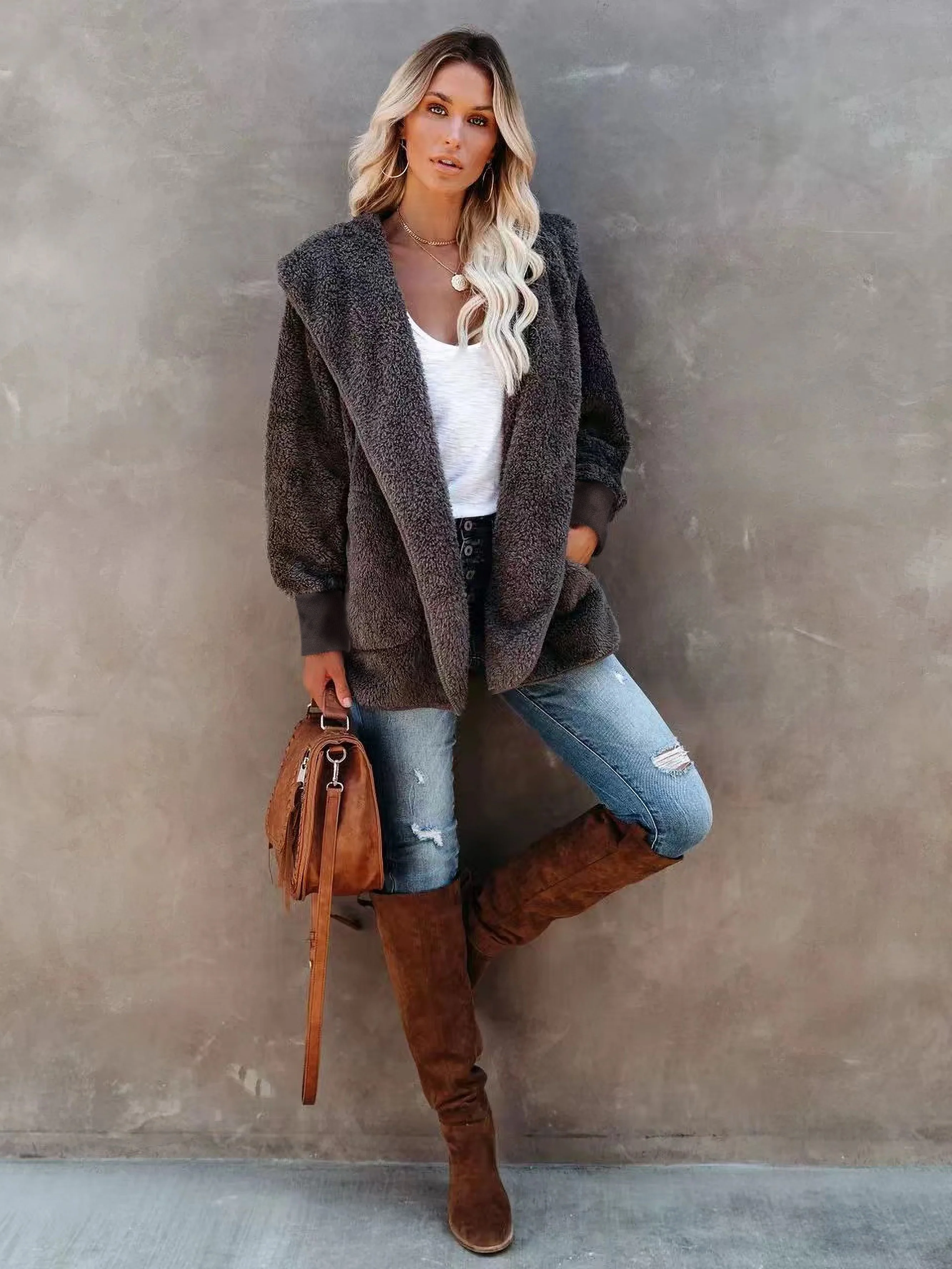 Hooded Teddy Coat, Casual Long Sleeve Winter Warm Outerwear, Women's Clothing - Deanwangkt