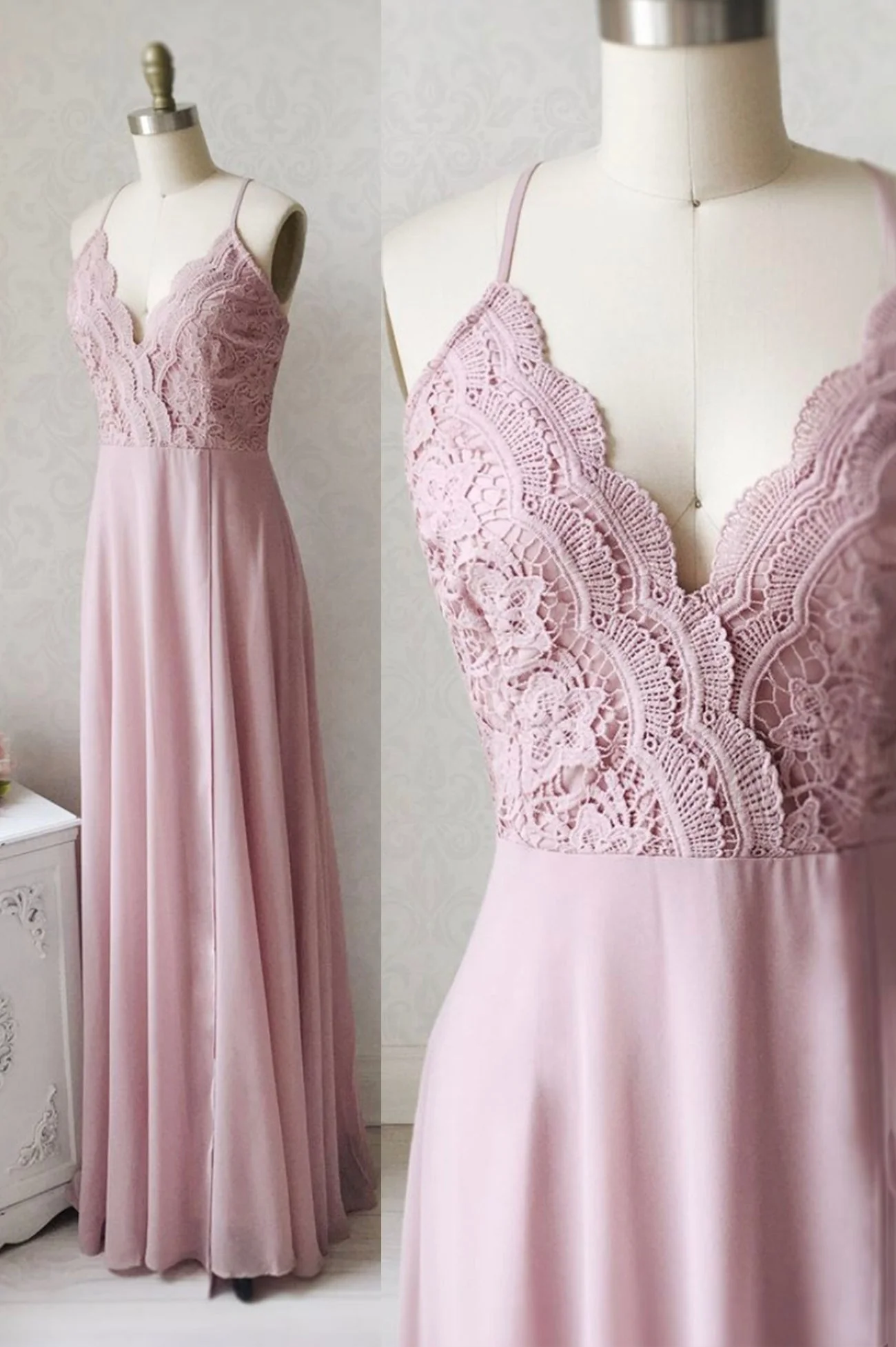 solvbao Pink Chiffon Lace Long Prom Dresses, V-Neck Spaghetti Strap Party Dresses - Deanwangkt