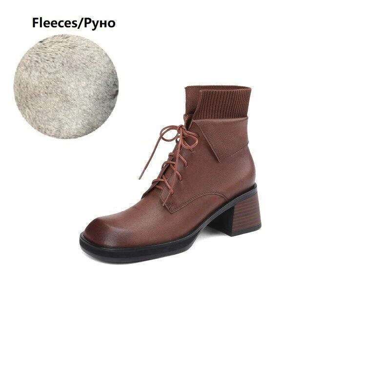 deanwangkt  Autumn Shoes   NEW Fall Shoes Women Genuine Leather Ankle Boots Round Toe Chunky Shoes for Women Winter Thick Heel Boots Lace Up Black Boots - Deanwangkt