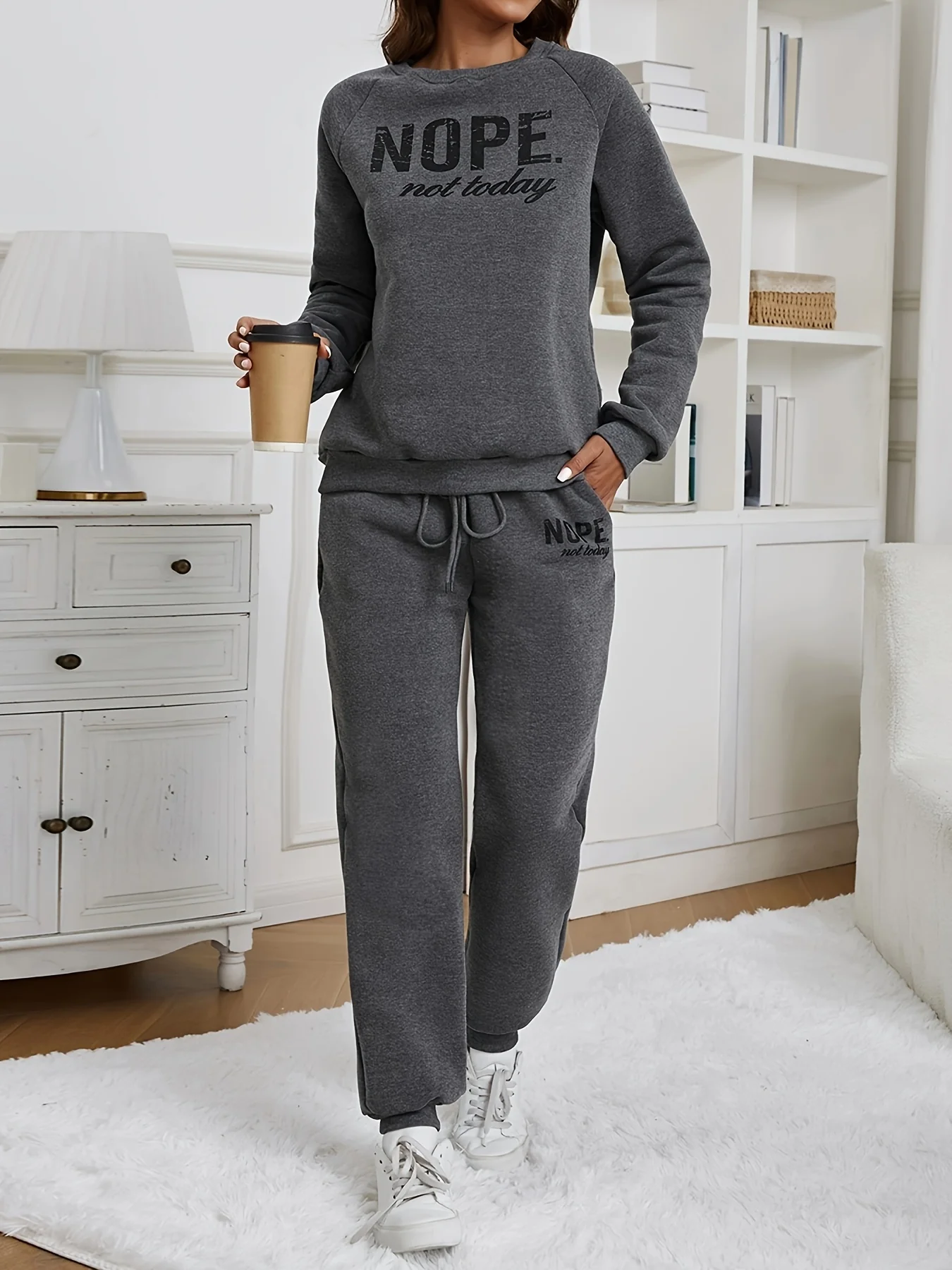 deanwangkt-1  Letter Print Two-piece Set, Casual Long Sleeve Drop Shoulder Sweatshirt & Dual Pockets Pants Outfits, Women's Clothing - Deanwangkt