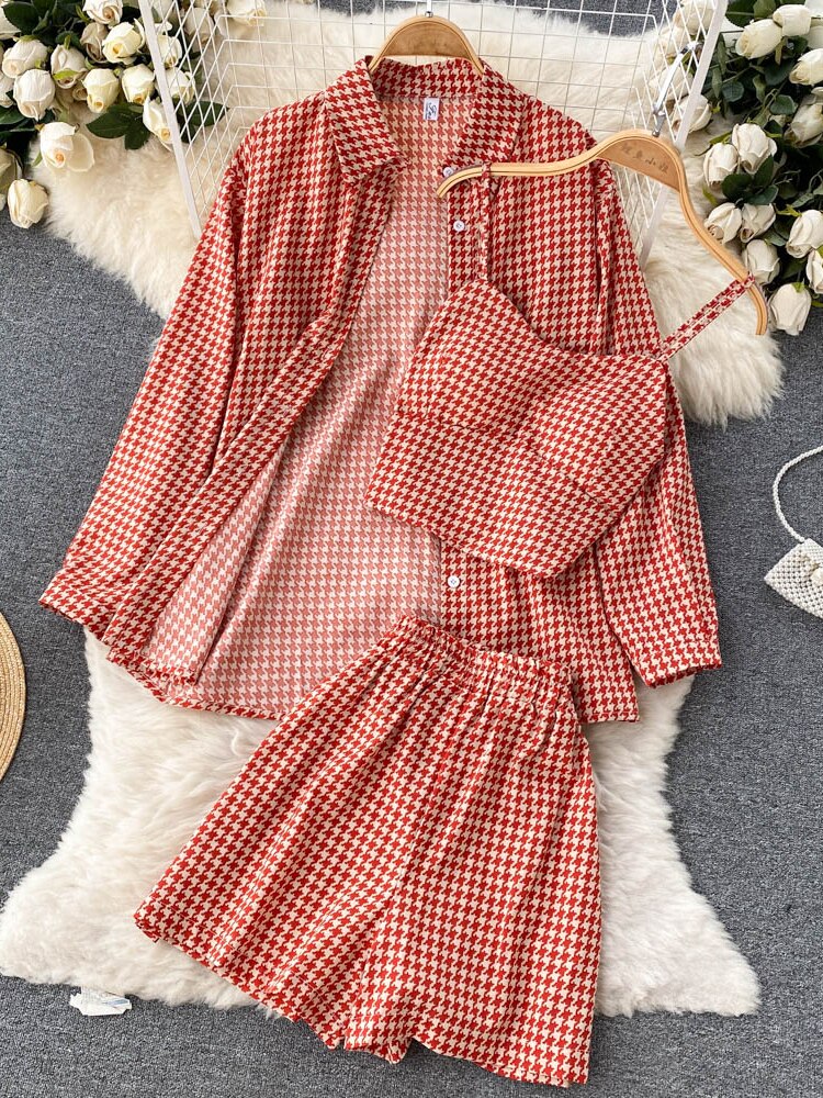 deanwangkt Women 3 Pieces Set Houndstooth Plain Green/Black/Orange Turn-Down Collar Single Breasted Blouse + Strap Camis + Shorts Suits New - Deanwangkt