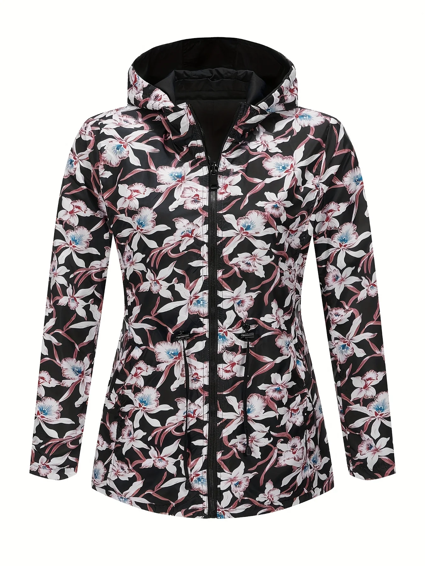 Floral Print Hooded Jacket, Casual Zip Up Long Sleeve Outerwear, Women's Clothing - Deanwangkt