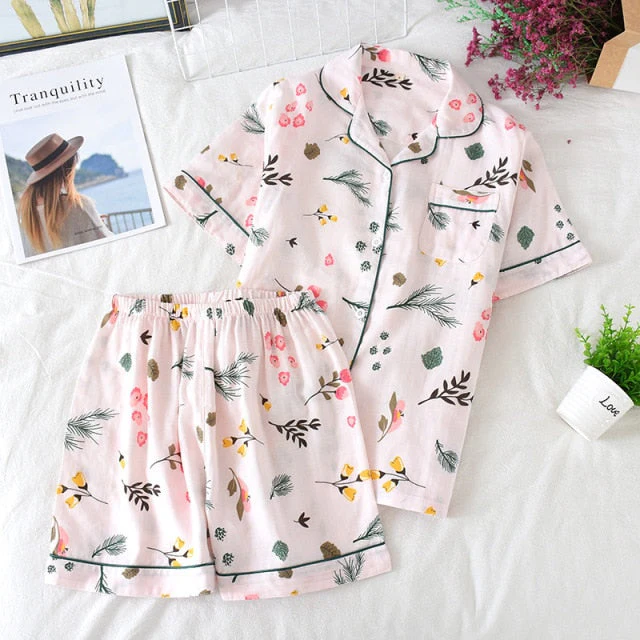 deanwangkt  Pyjamas Women 100% Cotton Short Sleeves Ladies Pajama Sets Shorts Cute Cartoon Print Japanese Simple Sleepwear Homewear Pijamas - Deanwangkt