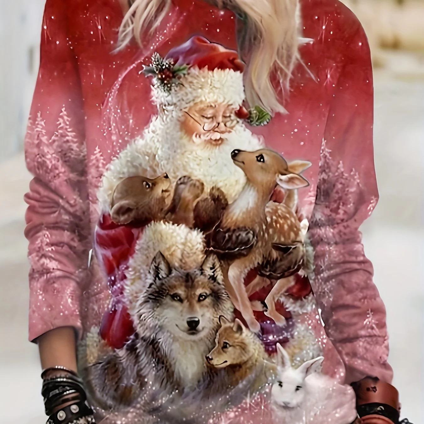 deanwangkt-1 Christmas Santa & Elk Print Crew Neck T-Shirt, Casual Long Sleeve Top For Spring & Fall, Women's Clothing - Deanwangkt