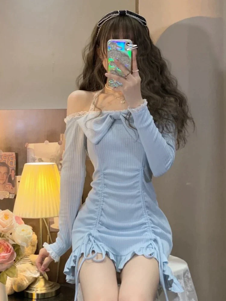 deanwangkt Korean Fashion Dresses Style Party Mini Dresses Women Strapless Sexy Kawaii Dresses Women Long Sleeve Lace Kawaii Lolita Dresses - Deanwangkt
