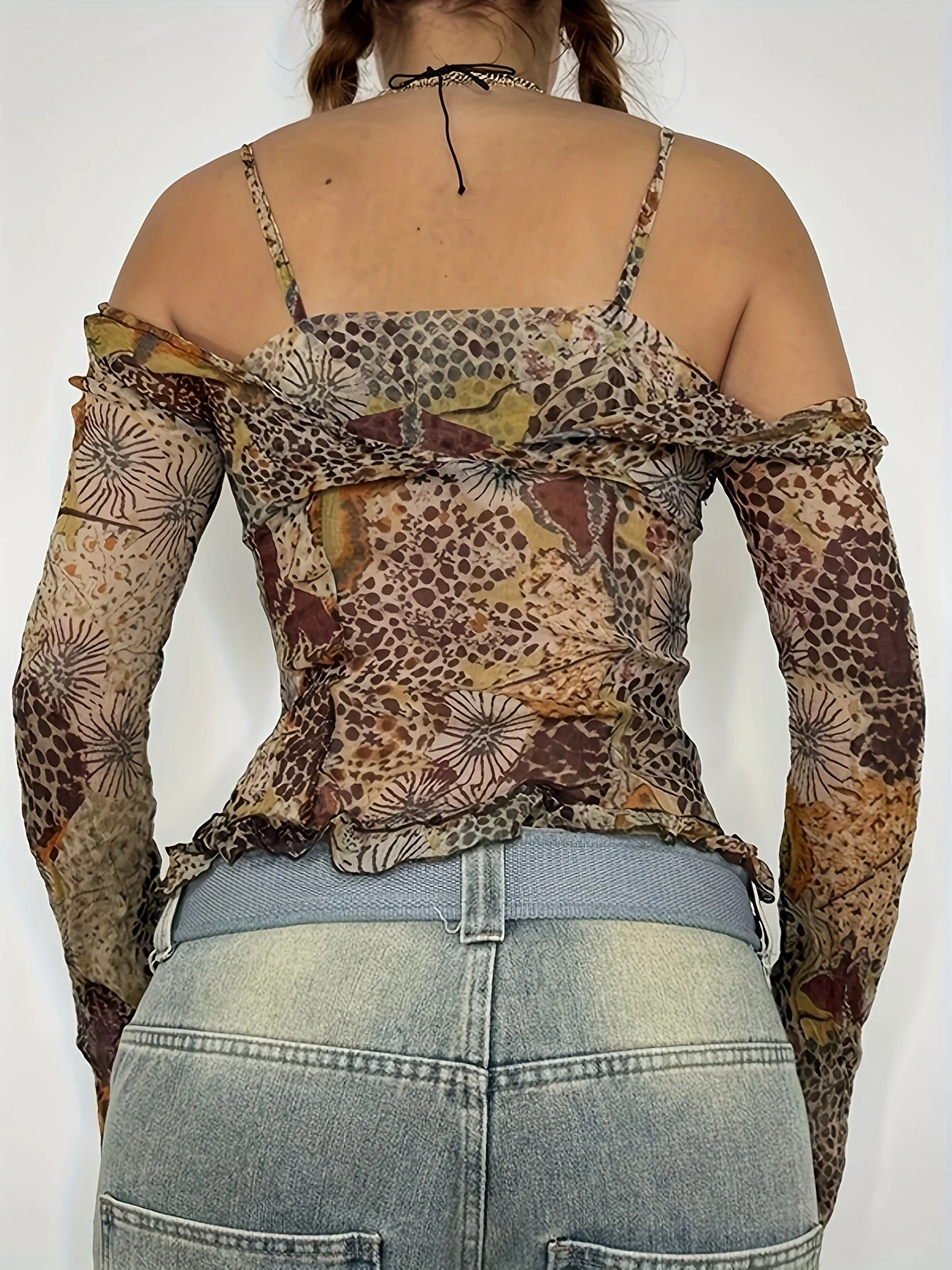 deanwangkt-1 Allover Print Cold Shoulder T-Shirt, Y2K Long Sleeve T-Shirt For Spring & Fall, Women's Clothing - Deanwangkt