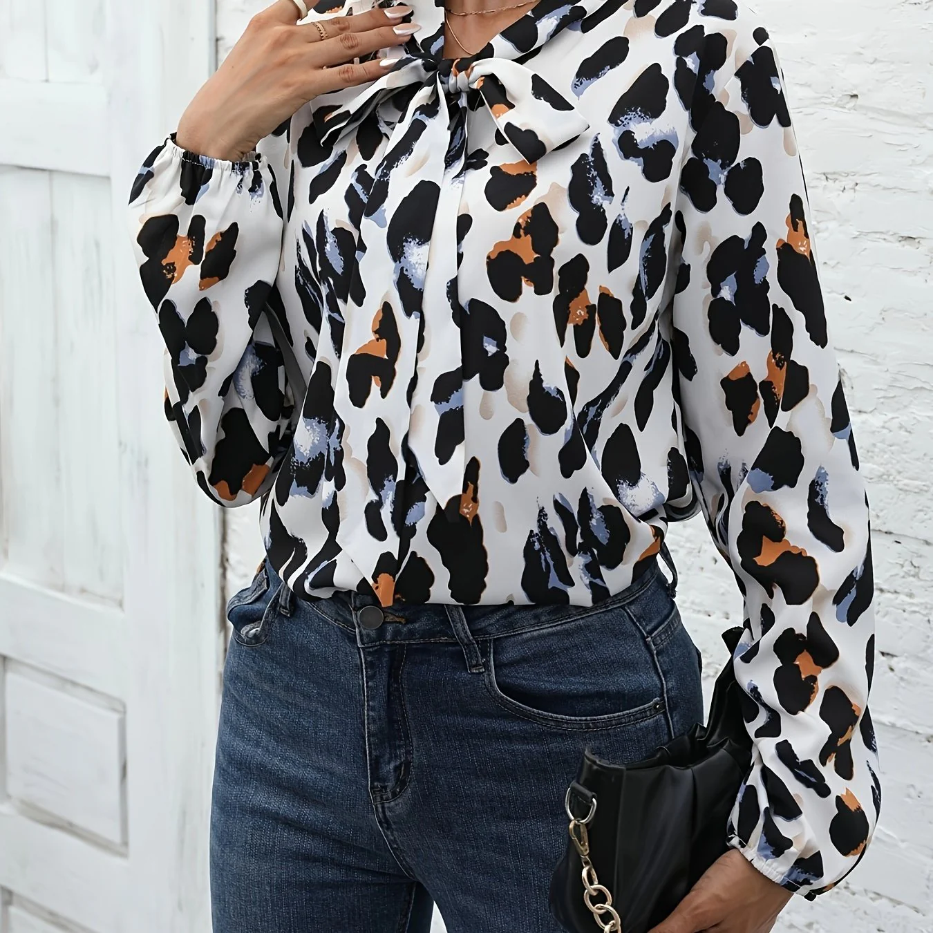 Women's Blouses Fashion Allover Print Bow Neck Blouse - Deanwangkt