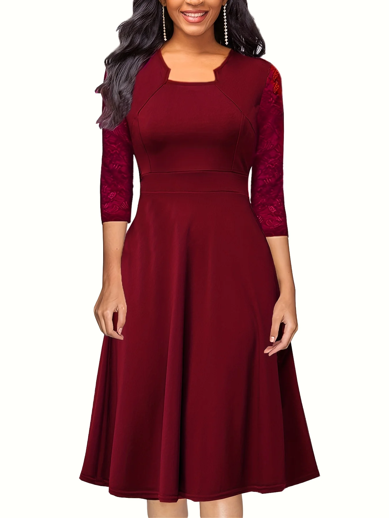 Square Neck Lace Sleeve Dress, Elegant Dress For Cocktail Party, Women's Clothing - Deanwangkt