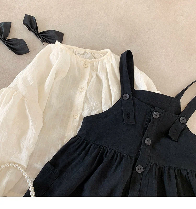 deanwangkt Girls spring fashion white blouse and black overalls dress Kids all-match Outfits 2pcs sets - Deanwangkt