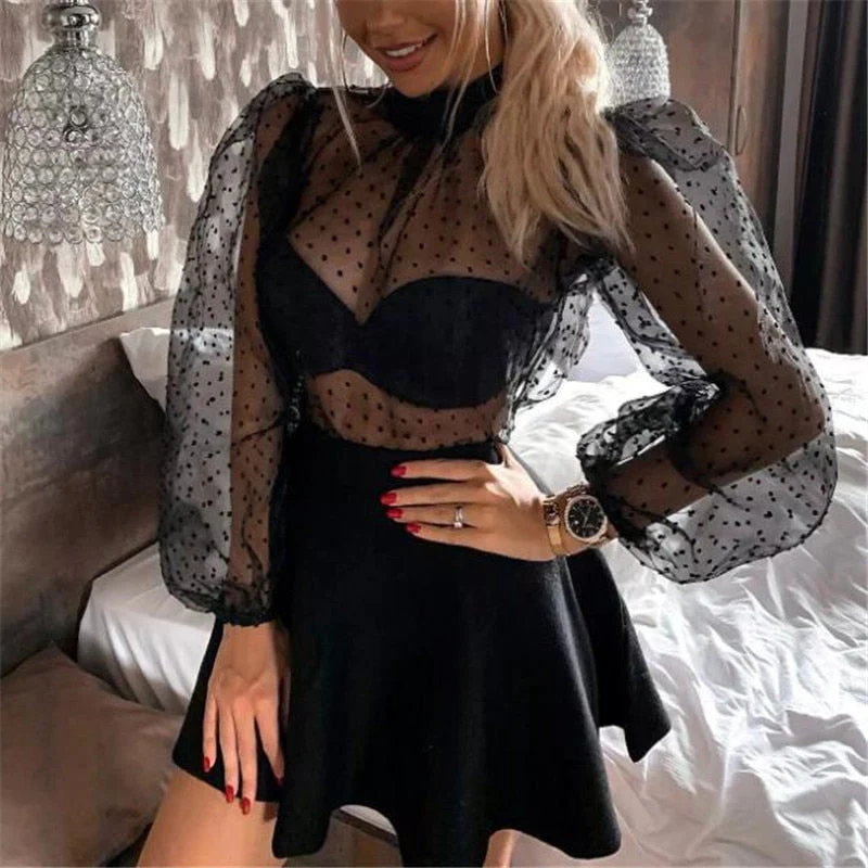 deanwangkt Women Mesh Puff Sleeve Tops Shirt New Summer Spring Ladies Sexy Casual Perspective Blouse Tops See Through Female Blusas - Deanwangkt