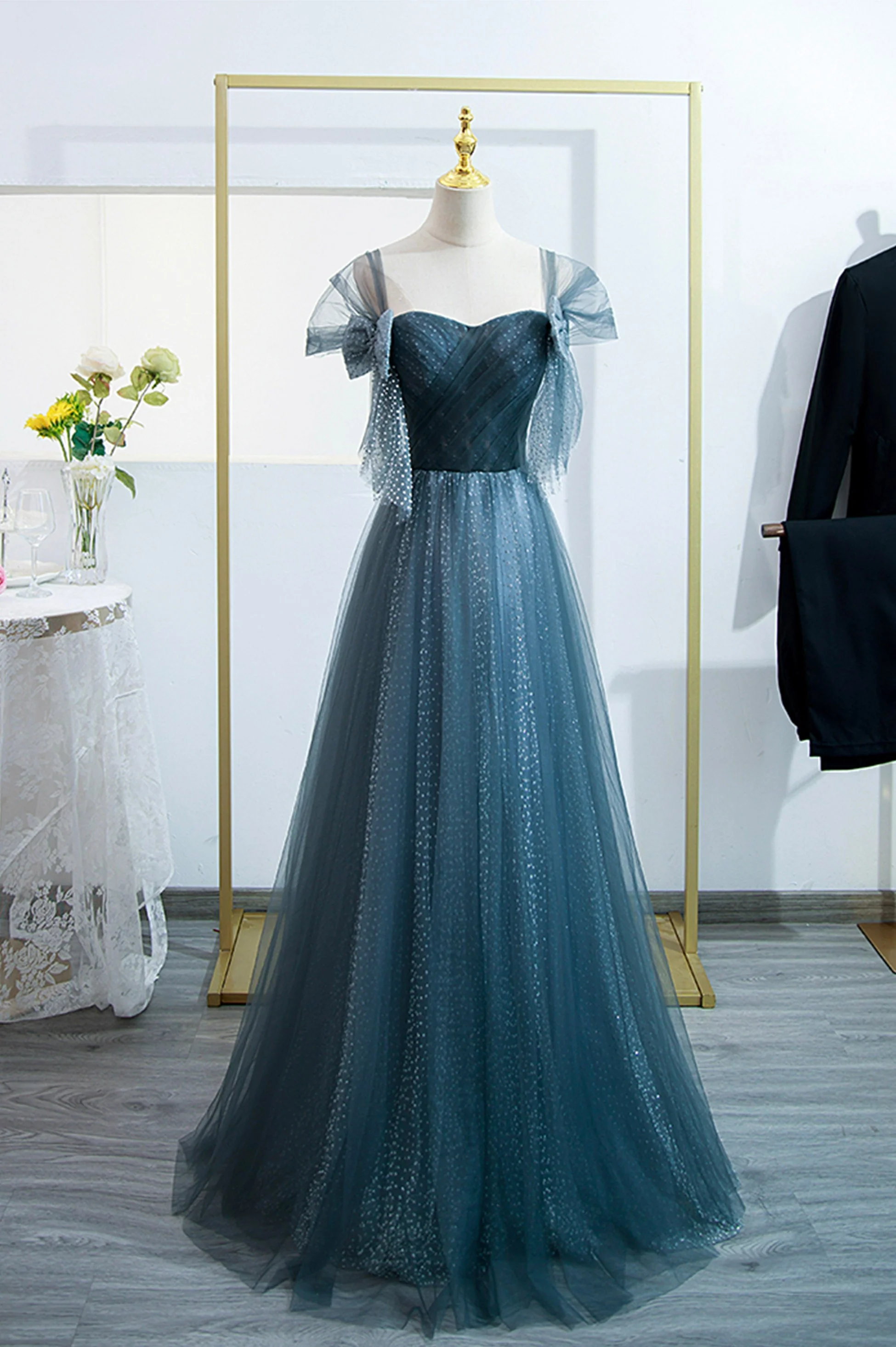 solvbao Blue Tulle Long A-Line Prom Dress, Lovely Blue Evening Party Dress - Deanwangkt