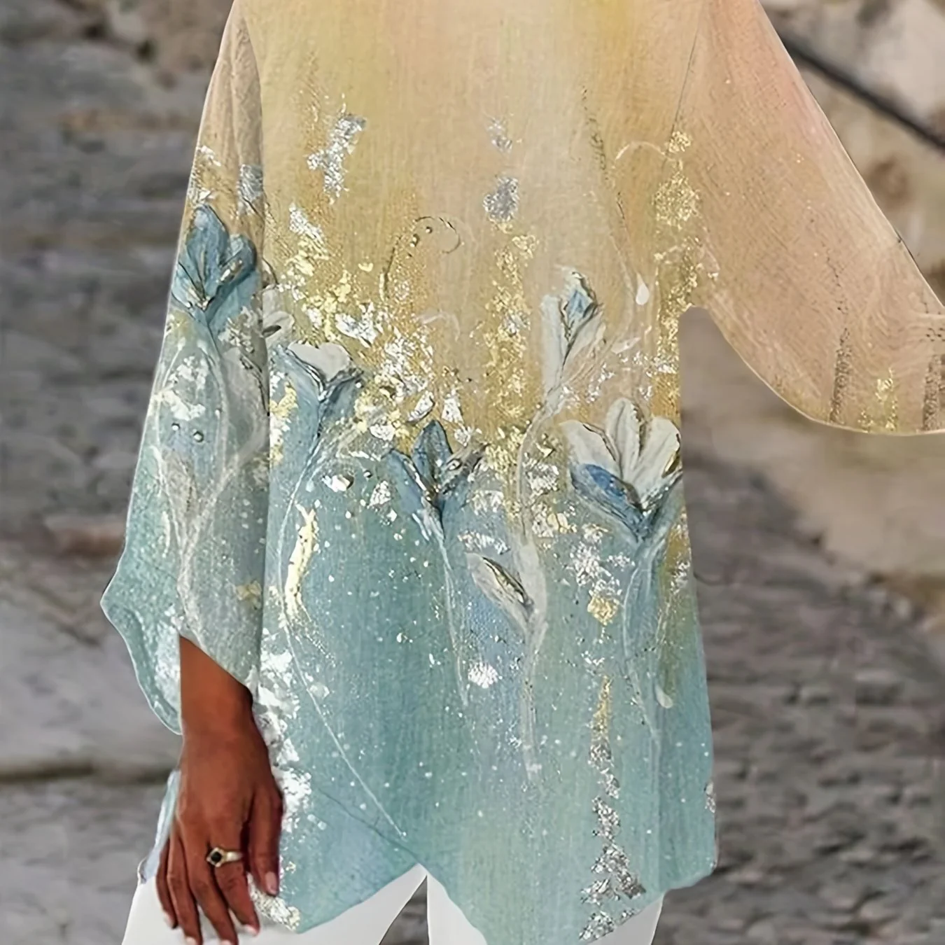 Plus Size Elegant T-shirt, Women's Plus Floral Print Colorblock Long Sleeve Round Neck Asymmetric Hem Tunic T-shirt - Deanwangkt