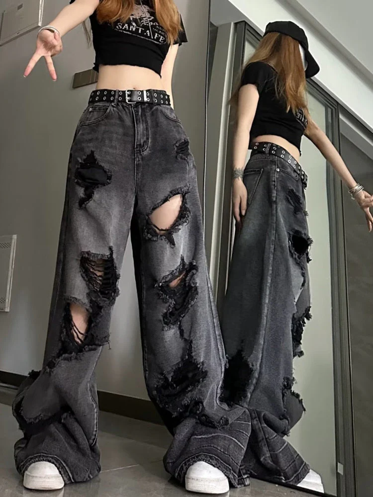 deanwangkt Niche Design Jeans, High Street Heavy Industry Wide Leg Pants, High-end Floor Length Pants, Trendy Brand Women's Jeans - Deanwangkt