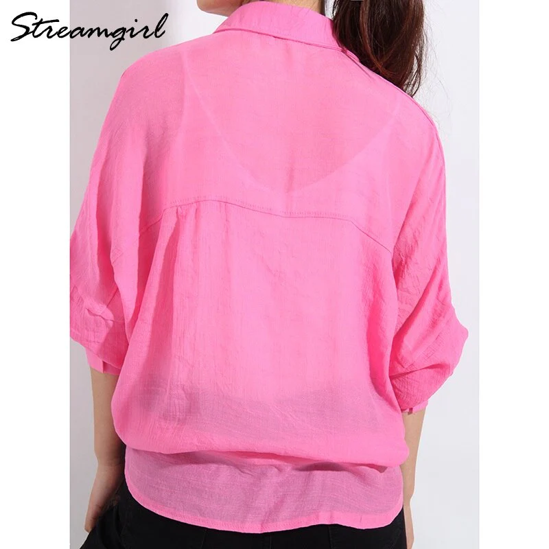 deanwangkt Beach Oversized Shirt Women Summer  Bat Sleeve Top Transparent Blouses Summer Covers Shirts For Women Beach Tops - Deanwangkt