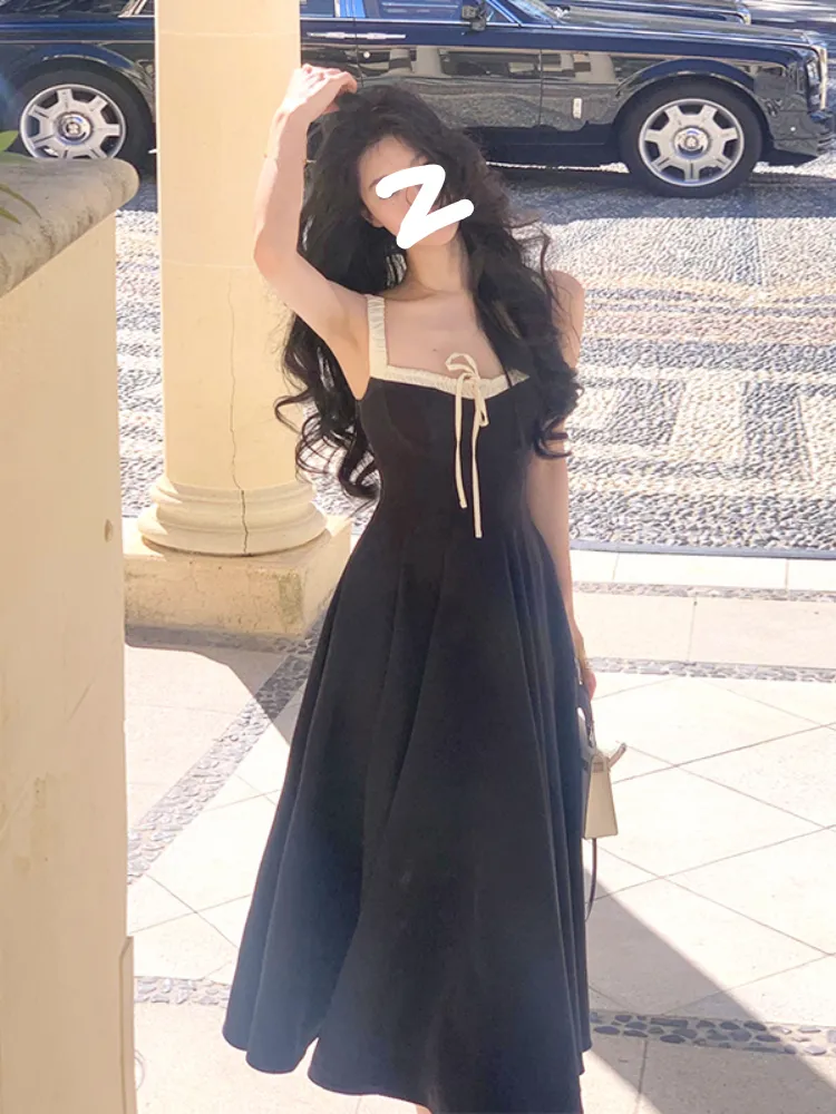 Joskka French Floral Strap Midi Dress Woman Elegant Sleeveless Even Party Dress Office Lady  Summer Beach Casual Korean Style Dress - Deanwangkt