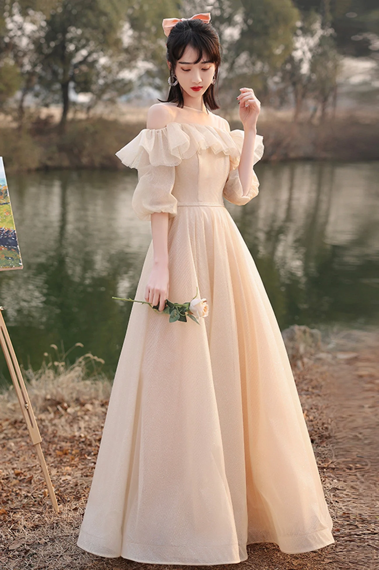 solvbao Cute Tulle Long A-Line Prom Dresses, Champagne Lace-Up Party Dresses - Deanwangkt