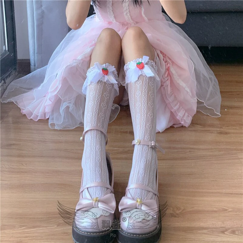 deanwangkt Japanese Reflective Stockings Bandage Lolita Socks Long Knee Socks Korea Style Women White Cotton Socks Cosplay JK Socks Cute - Deanwangkt