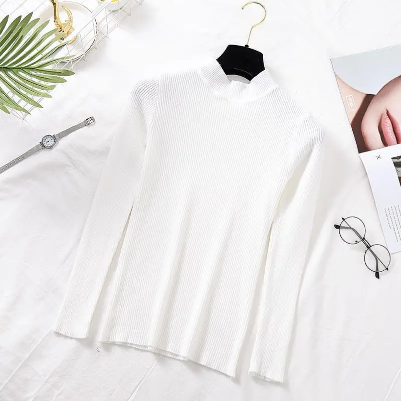 deanwangkt Autumn Women Pullover Sweater Fashion Half Turtleneck Knitted Female Jumper Long Sleeve Winter Black Soft Elastic Blouse - Deanwangkt