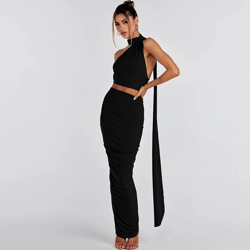 BACK TO COLLEGE  Elegant Women's Summer Two-piece Set Fashion Bandage Halter Crop Top High Waist Bodycon Skirts Evening Party Black Dress - Deanwangkt
