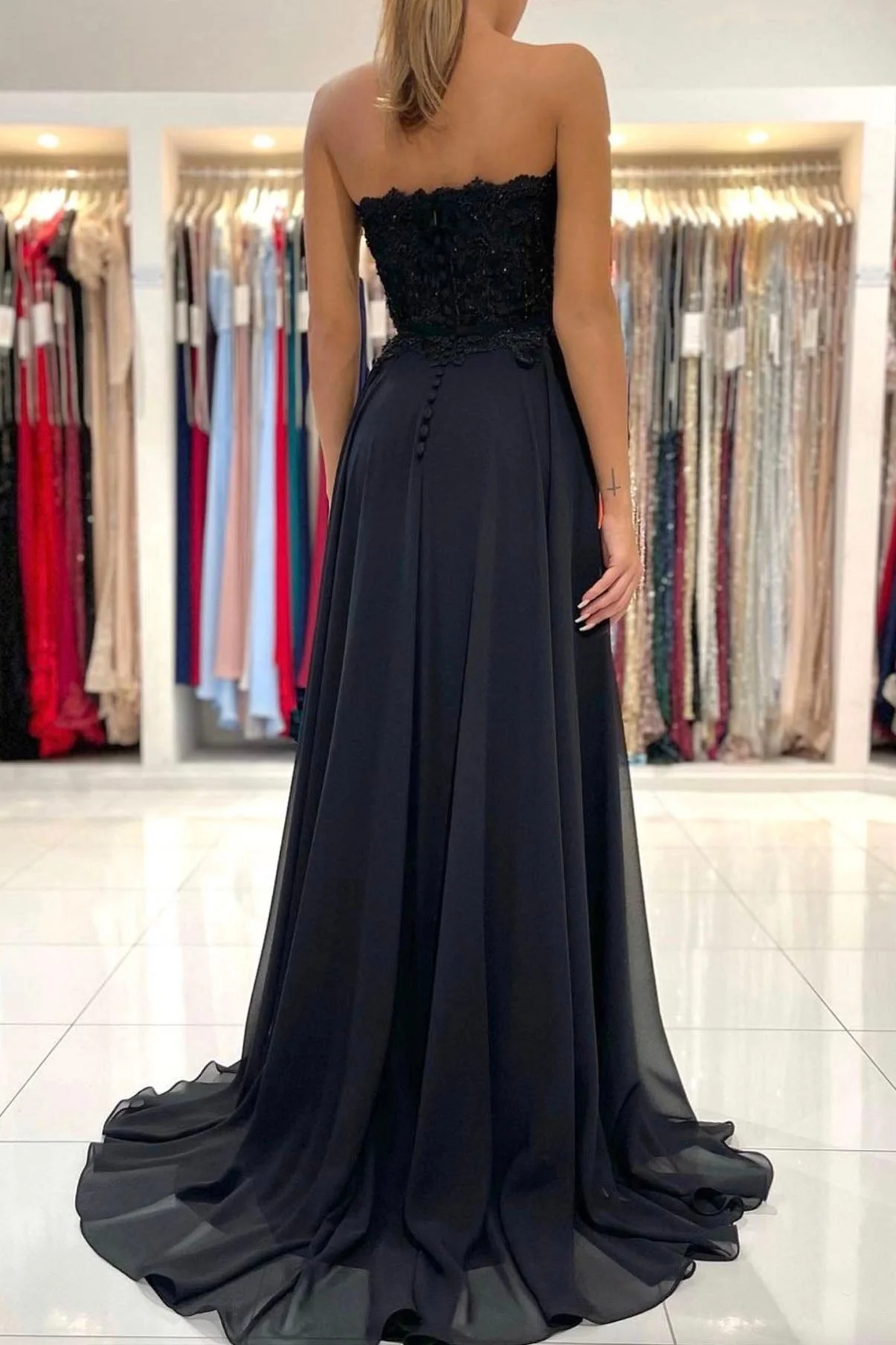 solvbao Black Chiffon Lace Long Prom Dresses, A-Line Strapless Evening Dresses - Deanwangkt