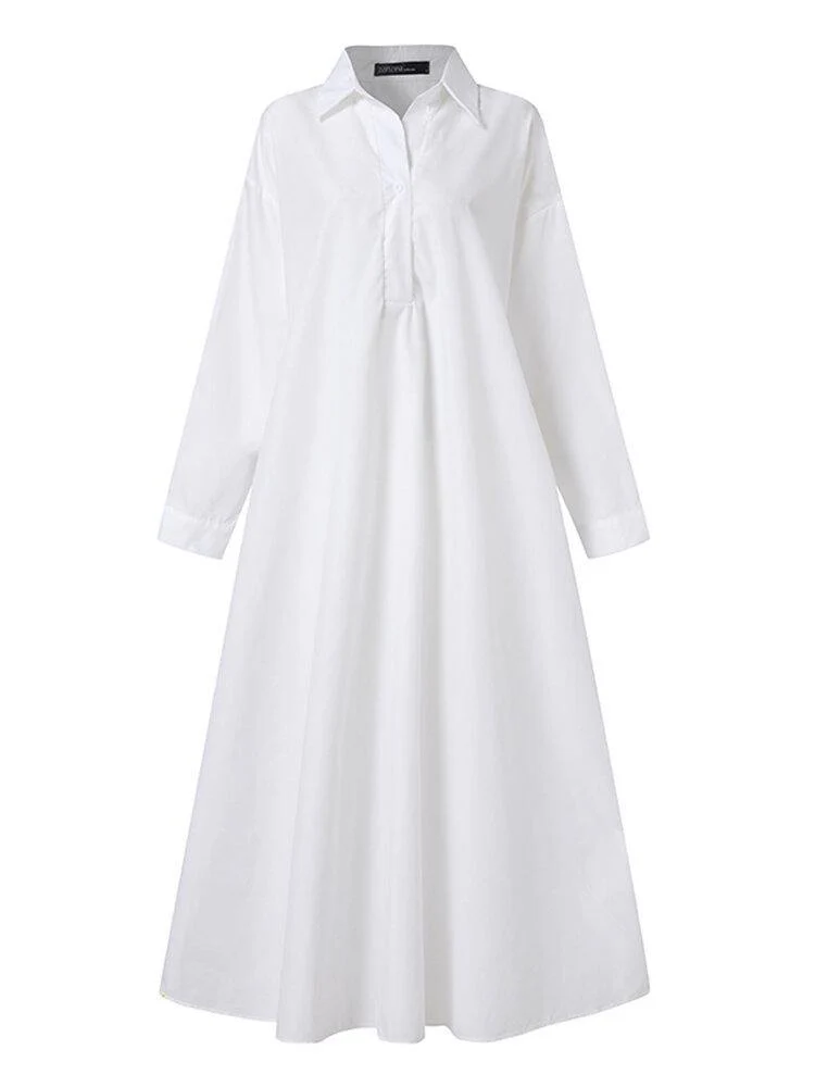 deanwangkt Women Solid Color Turn-down Collar Long Sleeve Button Casual Shirt Dresses With Pocket - Deanwangkt