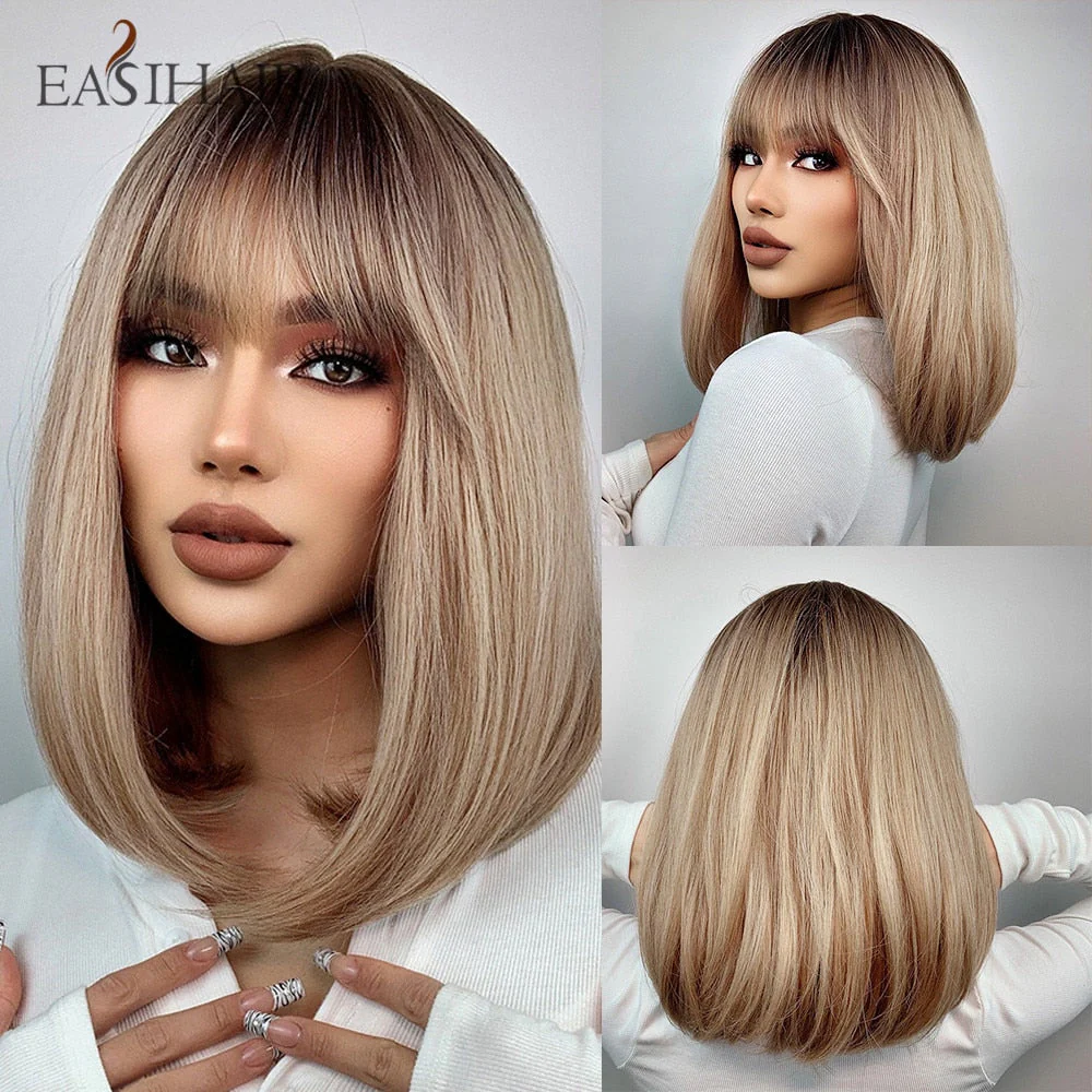 deanwangkt  Short Straight Bob Wigs With Bang Golden Brown Natural Synthetic Hair For Women Daily Cosplay Heat Resistant Fiber Wigs - Deanwangkt